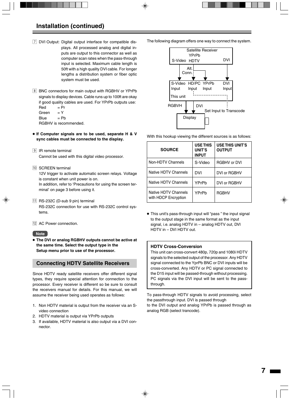 Installation (continued), Connecting hdtv satellite receivers | JVC LD-HD2KE User Manual | Page 7 / 20