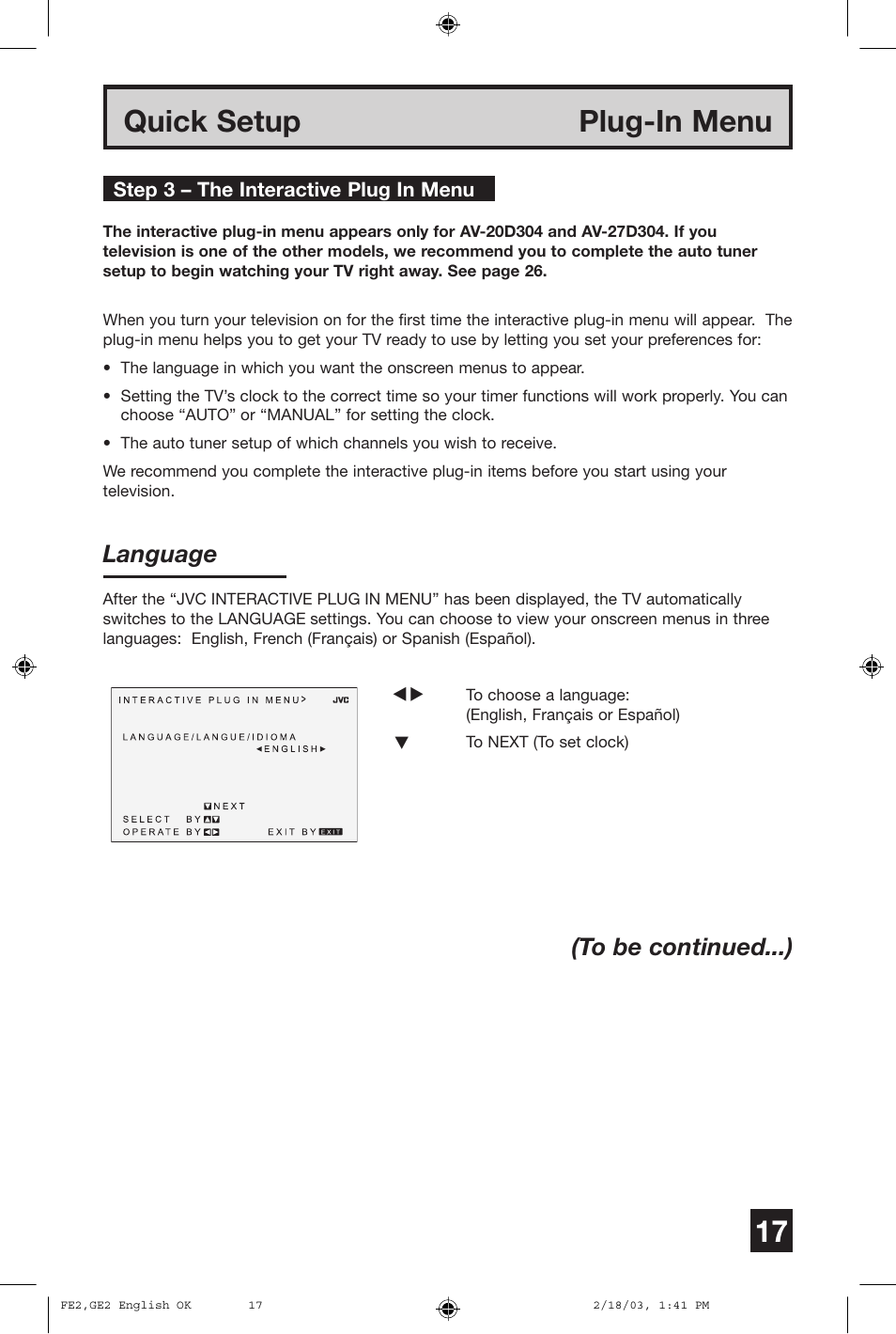 Quick setup plug-in menu, Language (to be continued...) | JVC AV 27430 User Manual | Page 17 / 52