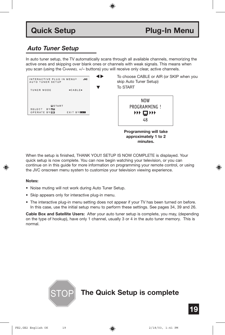 Quick setup plug-in menu, The quick setup is complete, Auto tuner setup | JVC AV 27430 User Manual | Page 19 / 52