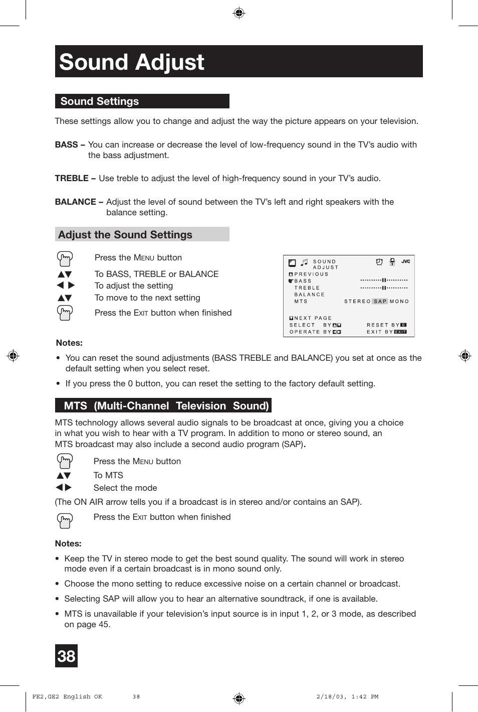 Sound adjust | JVC AV 27430 User Manual | Page 38 / 52