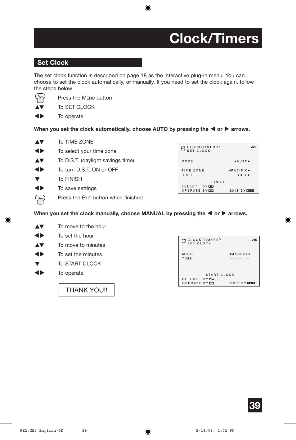 Clock/timers | JVC AV 27430 User Manual | Page 39 / 52