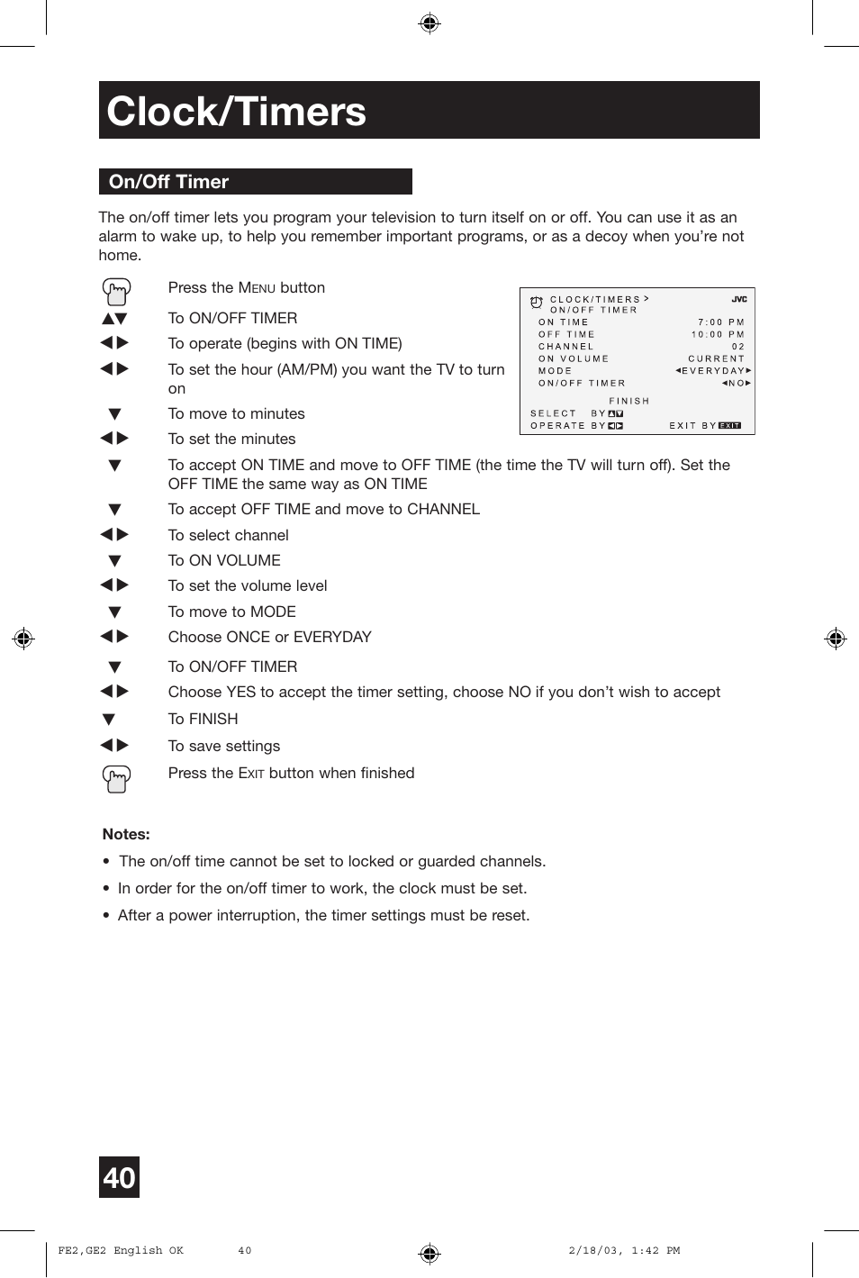 Clock/timers | JVC AV 27430 User Manual | Page 40 / 52