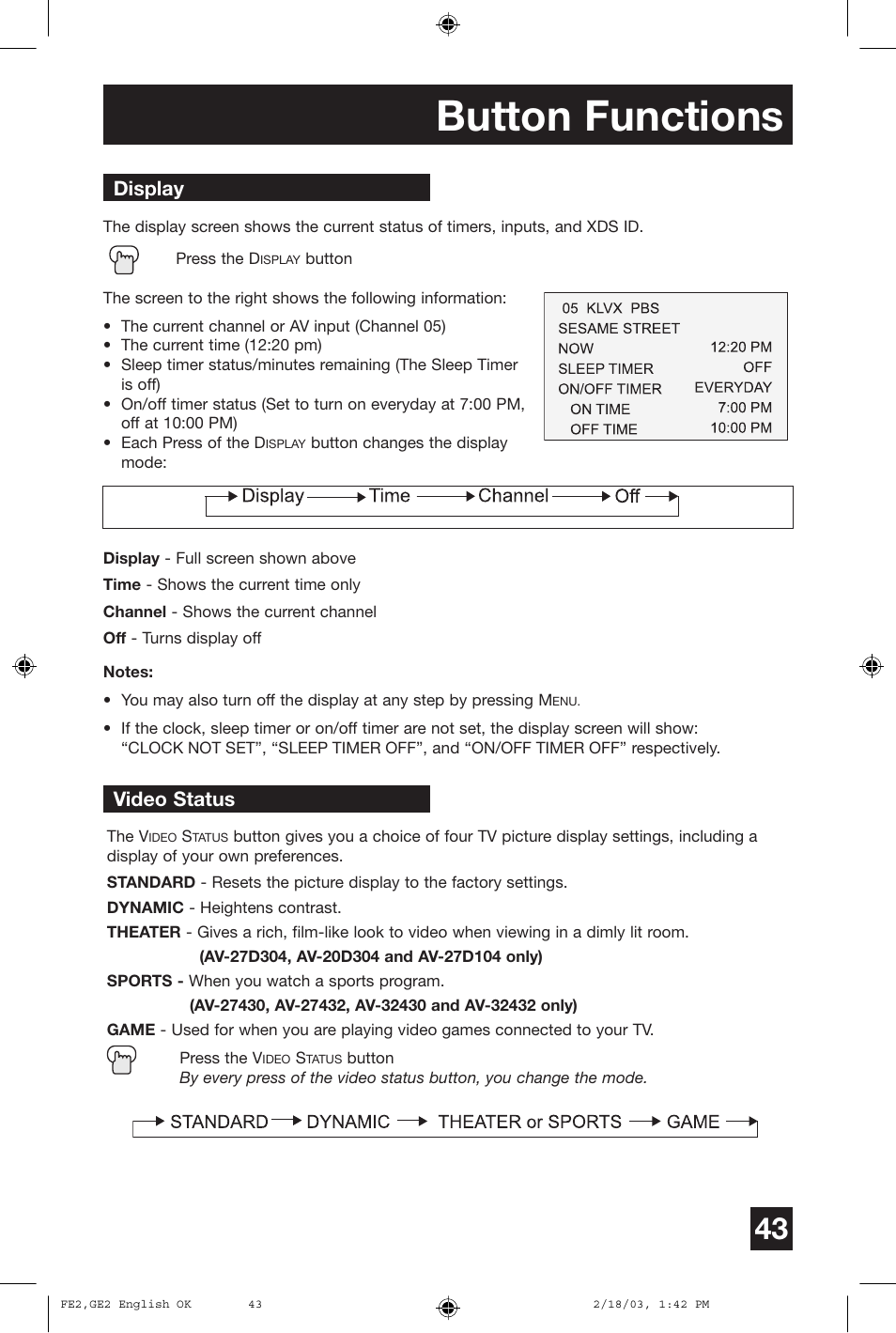 Button functions, Video status, Display | JVC AV 27430 User Manual | Page 43 / 52