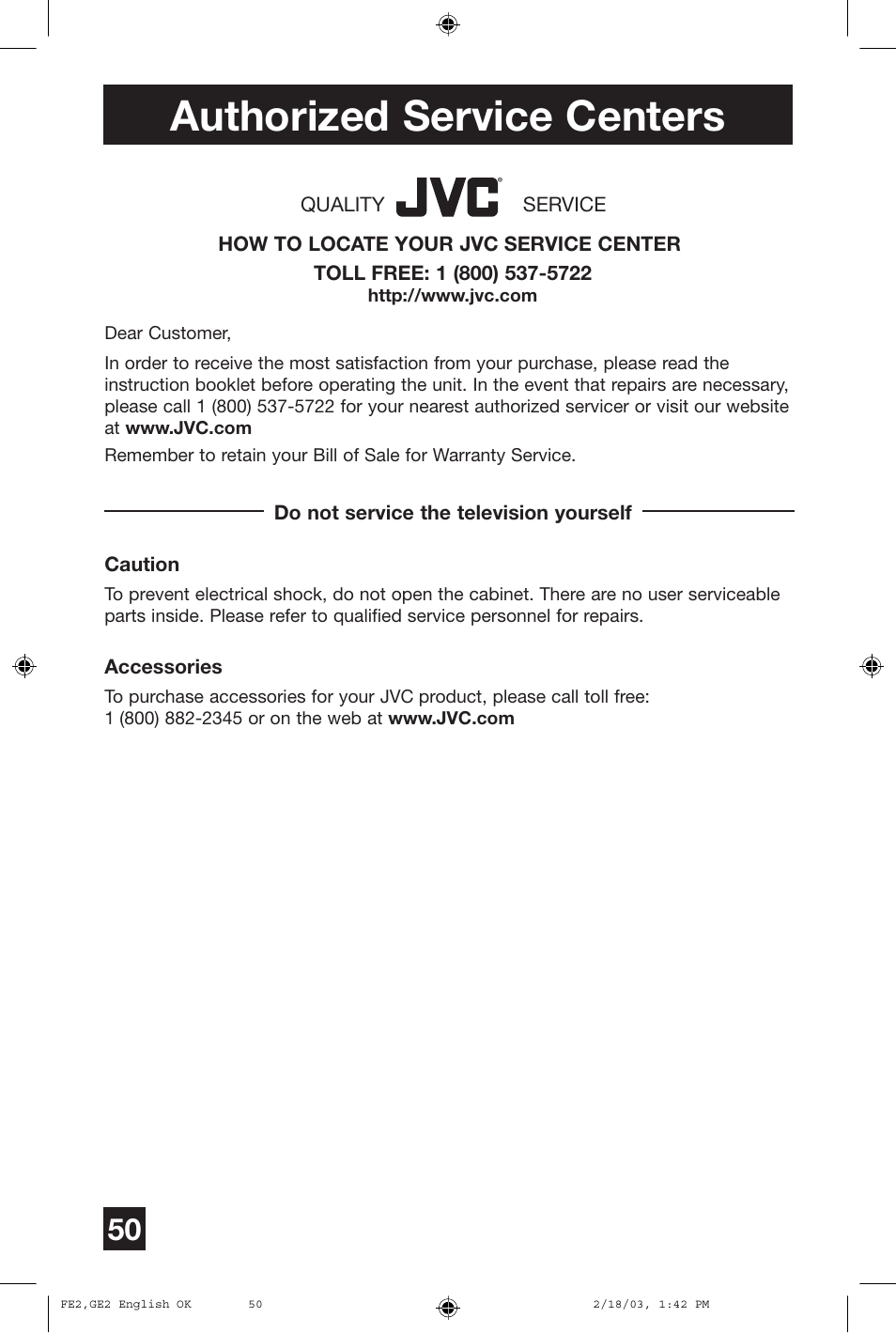 Authorized service centers | JVC AV 27430 User Manual | Page 50 / 52