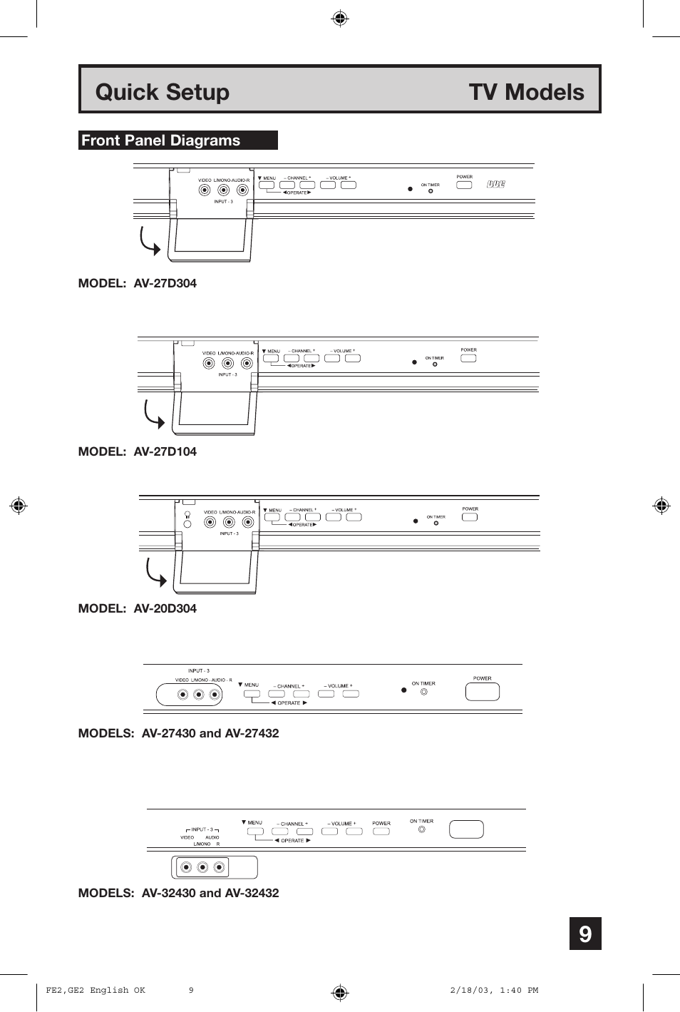 Quick setup tv models | JVC AV 27430 User Manual | Page 9 / 52