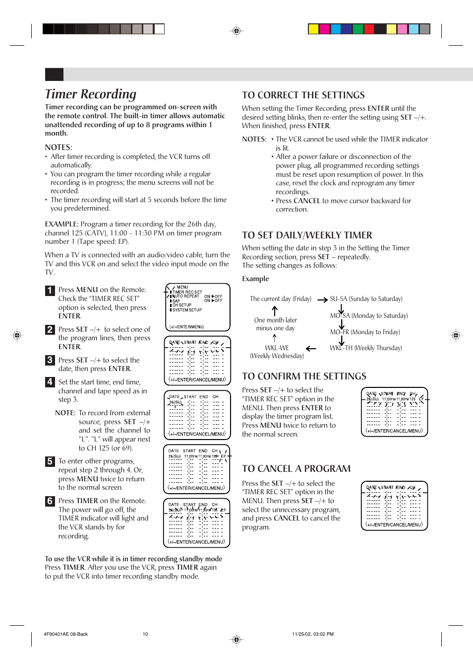 Timer recording | JVC HR-A60U User Manual | Page 10 / 16