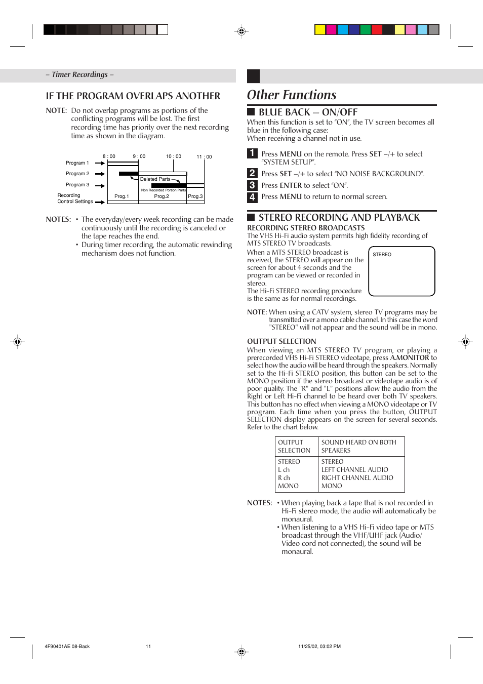 Other functions, If the program overlaps another, Blue back — on/off | 12 4 stereo recording and playback | JVC HR-A60U User Manual | Page 11 / 16