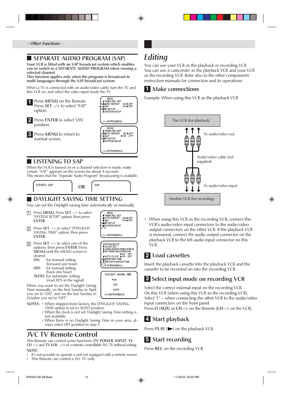 Editing, Jvc tv remote control, Separate audio program (sap) | Daylight saving time setting, Make connections, Load cassettes, Select input mode on recording vcr, Start playback, Start recording, Listening to sap | JVC HR-A60U User Manual | Page 12 / 16