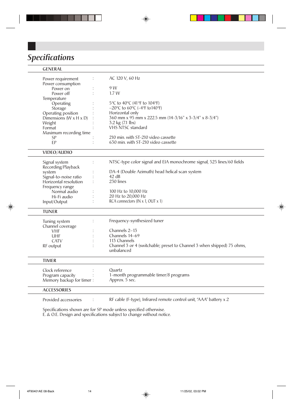 Specifications | JVC HR-A60U User Manual | Page 14 / 16