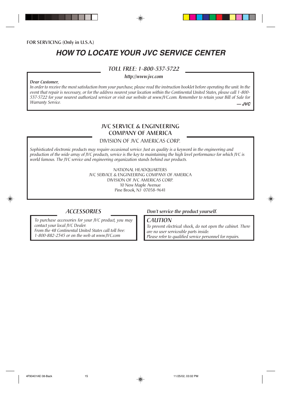 How to locate your jvc service center, Accessories | JVC HR-A60U User Manual | Page 15 / 16