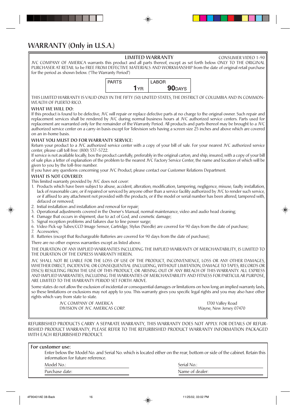 Warranty (only in u.s.a.) | JVC HR-A60U User Manual | Page 16 / 16