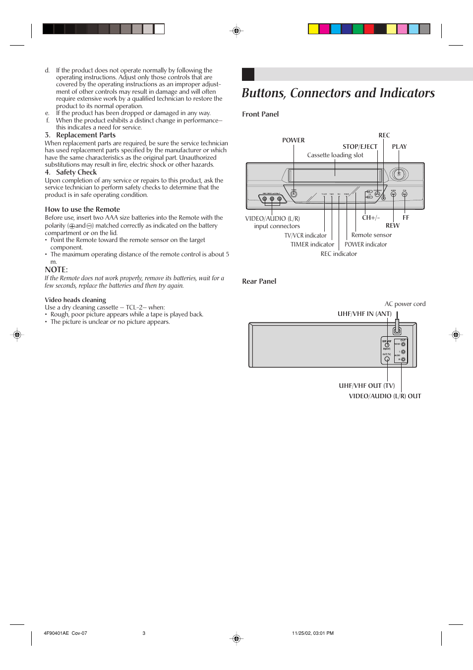 Buttons, connectors and indicators | JVC HR-A60U User Manual | Page 3 / 16