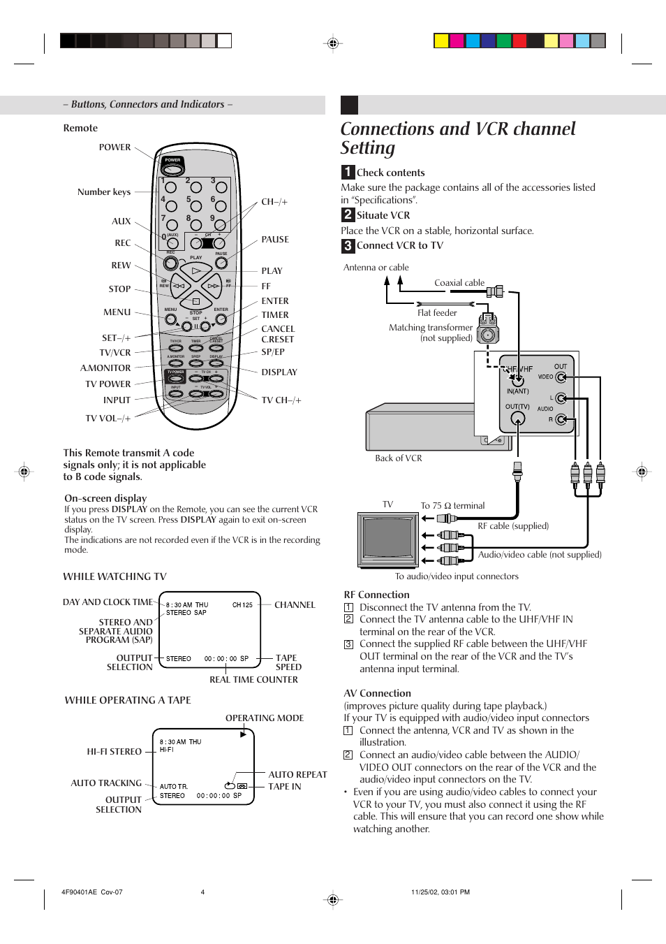 Connections and vcr channel setting, Remote, On-screen display | While operating a tape | JVC HR-A60U User Manual | Page 4 / 16