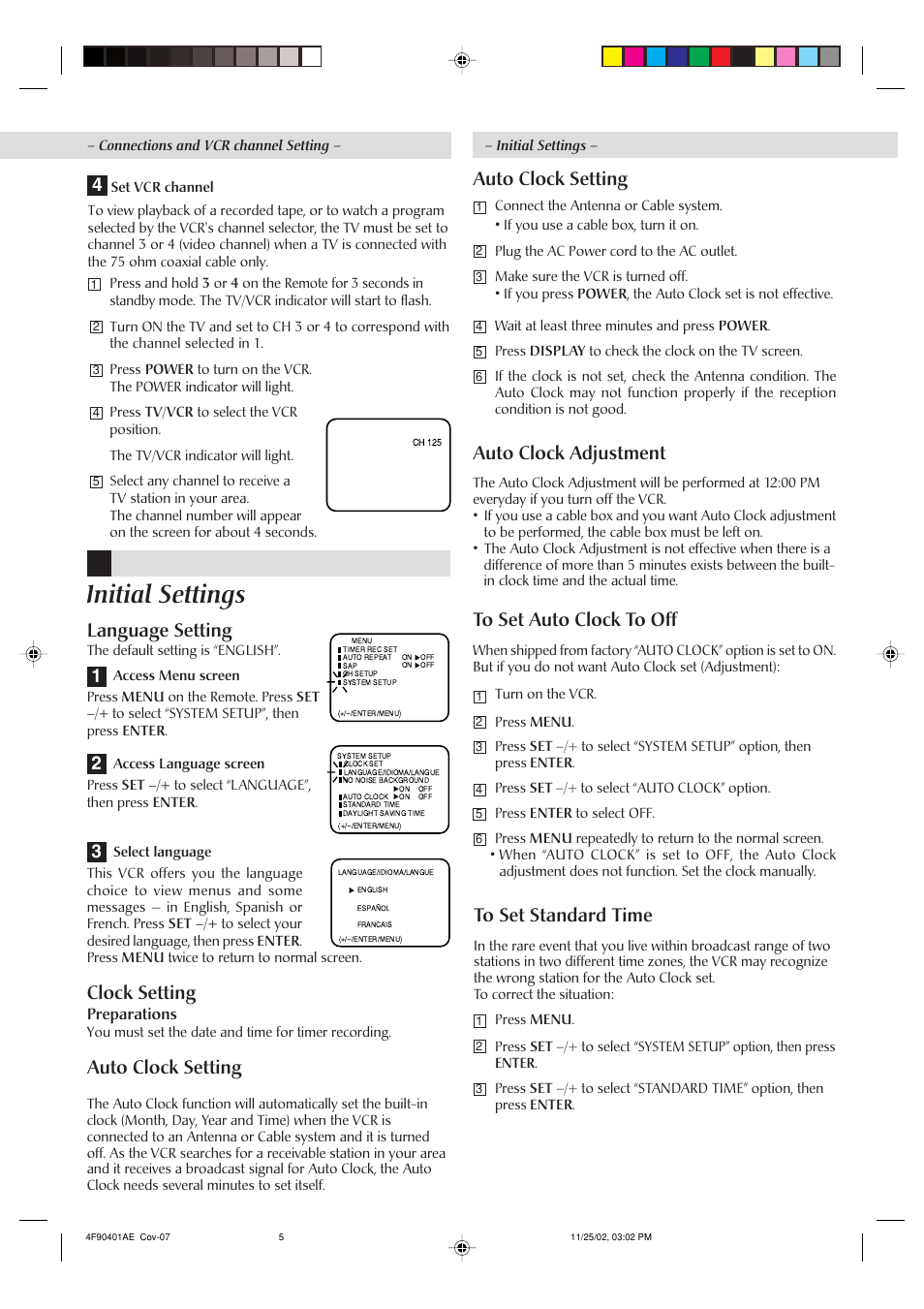 Initial settings, Language setting, Clock setting | Auto clock setting, Auto clock setting auto clock adjustment | JVC HR-A60U User Manual | Page 5 / 16