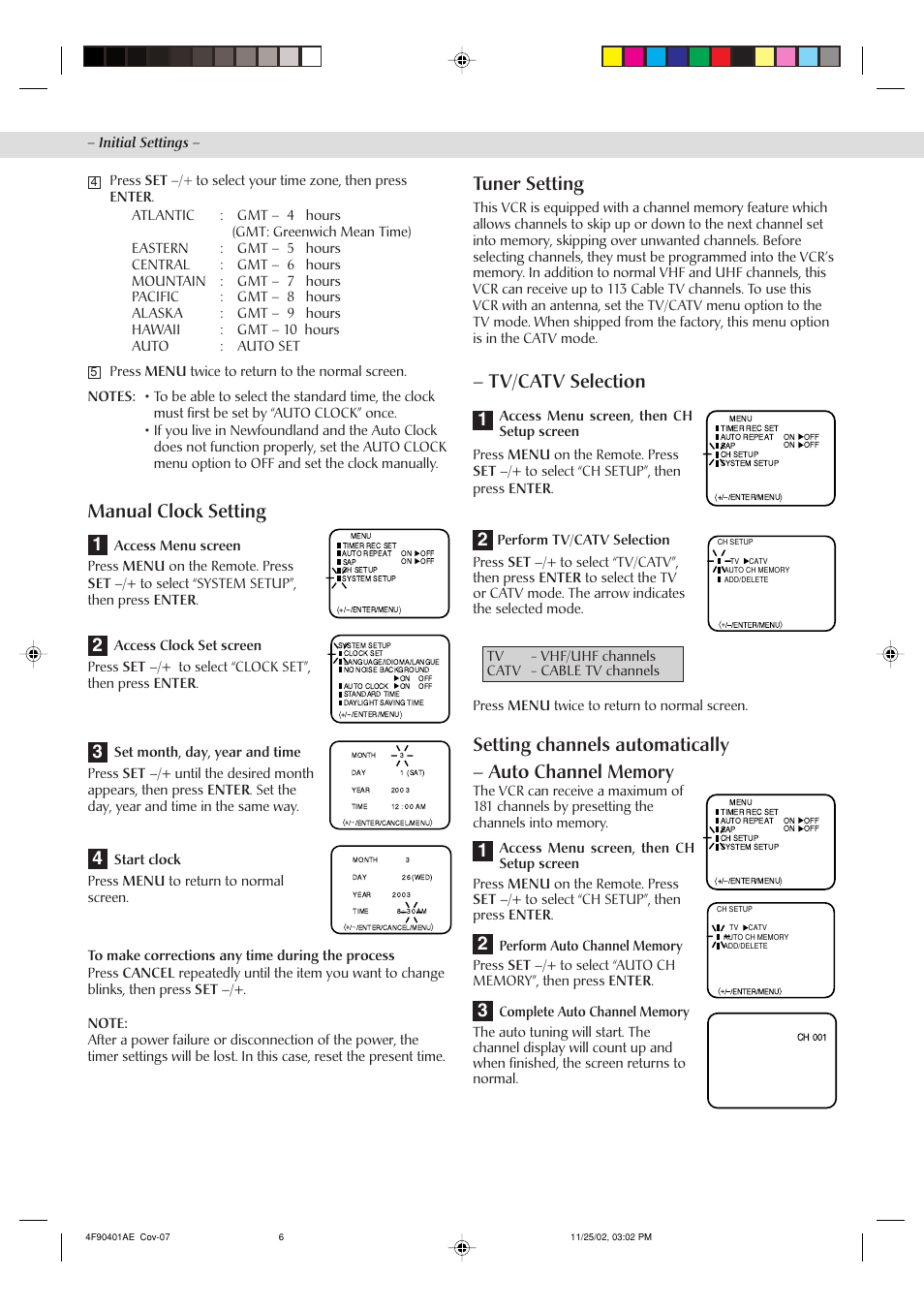 Tuner setting, Tv/catv selection, 2manual clock setting | JVC HR-A60U User Manual | Page 6 / 16
