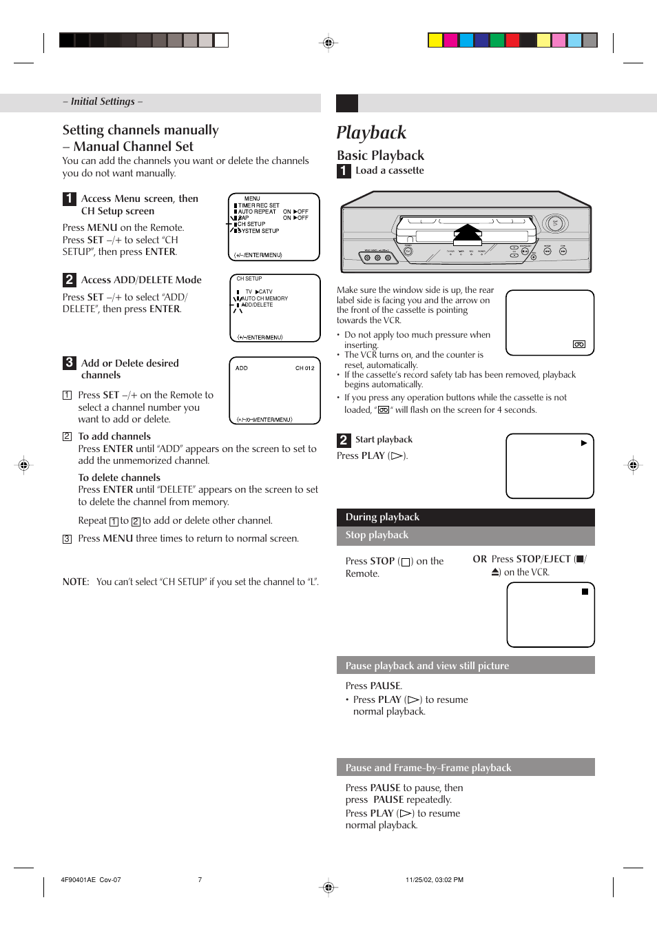 Playback, Setting channels manually – manual channel set, Basic playback | JVC HR-A60U User Manual | Page 7 / 16