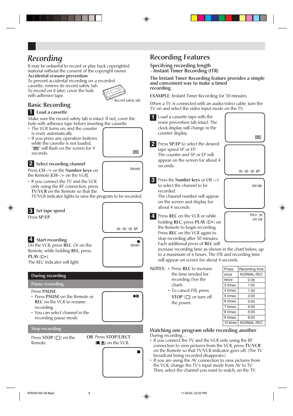 Recording, Recording features, Basic recording | JVC HR-A60U User Manual | Page 9 / 16