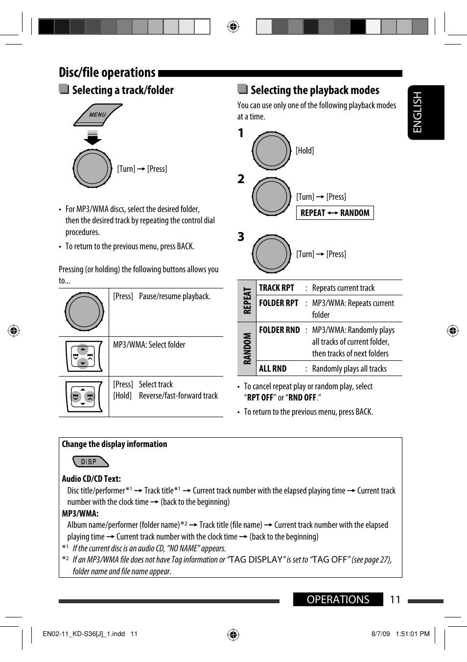 Disc/file operations, Selecting a track/folder, Selecting the playback modes | English 11 operations | JVC GET0643-001A User Manual | Page 11 / 85