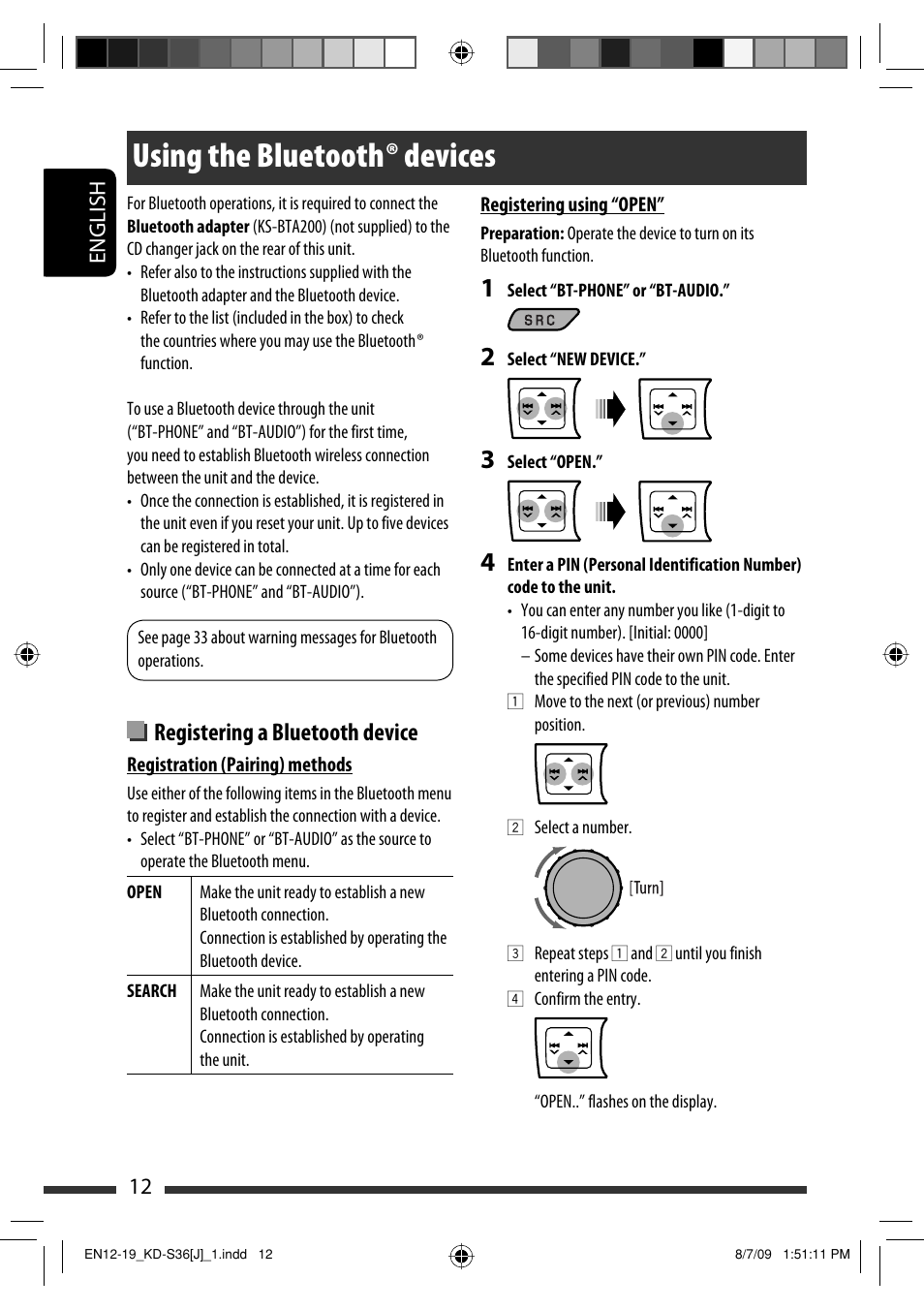 Using the bluetooth ® devices, Registering a bluetooth device, English 12 | JVC GET0643-001A User Manual | Page 12 / 85