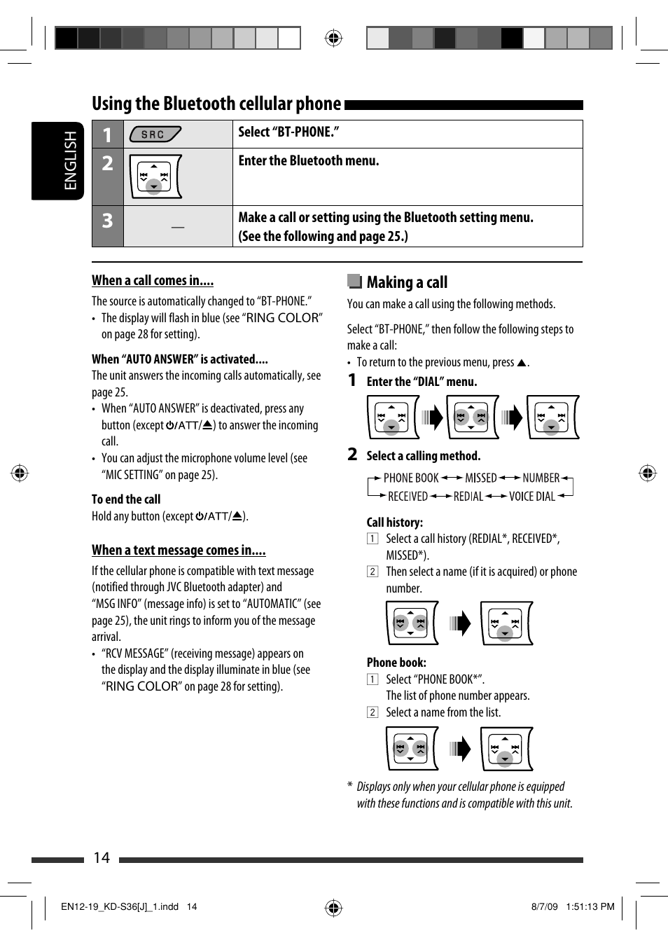 Using the bluetooth cellular phone, Making a call | JVC GET0643-001A User Manual | Page 14 / 85