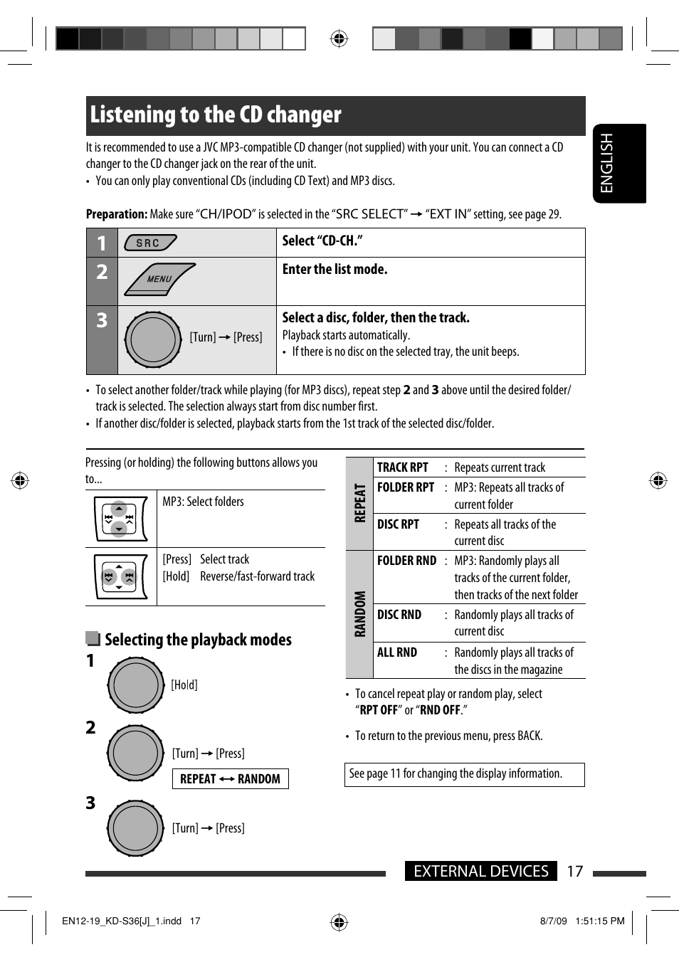 Listening to the cd changer, Selecting the playback modes | JVC GET0643-001A User Manual | Page 17 / 85