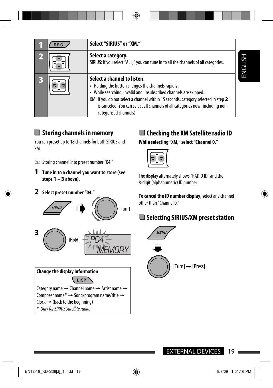 Checking the xm satellite radio id, Selecting sirius/xm preset station | JVC GET0643-001A User Manual | Page 19 / 85