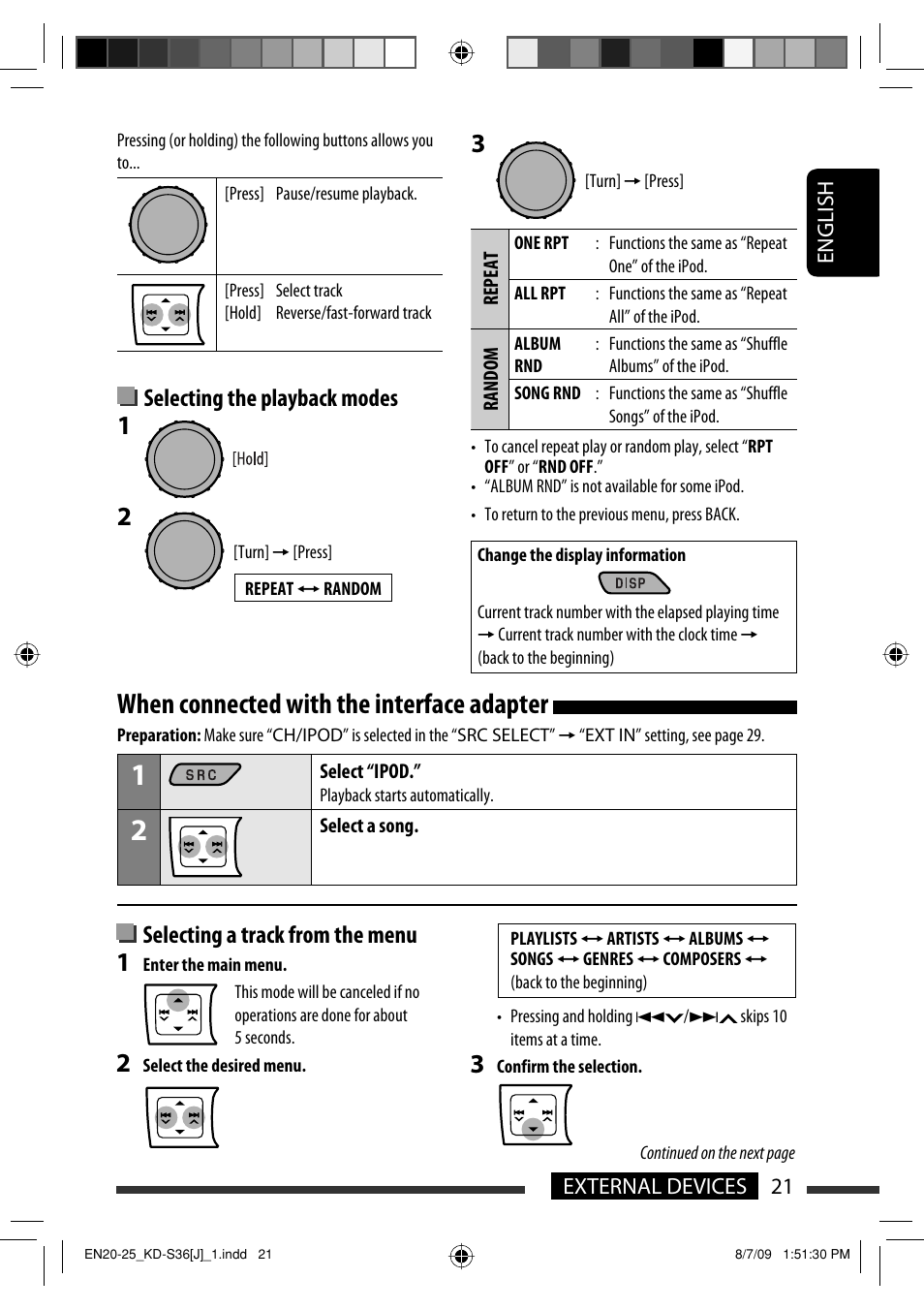 When connected with the interface adapter, Selecting the playback modes, Selecting a track from the menu | JVC GET0643-001A User Manual | Page 21 / 85