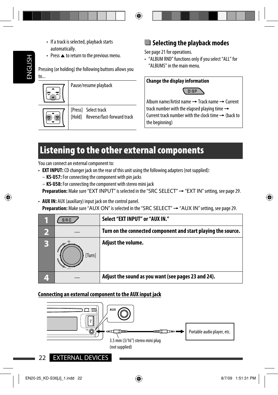 Listening to the other external components, Selecting the playback modes | JVC GET0643-001A User Manual | Page 22 / 85