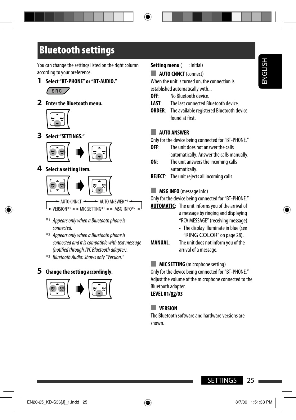Bluetooth settings, English 25 settings | JVC GET0643-001A User Manual | Page 25 / 85