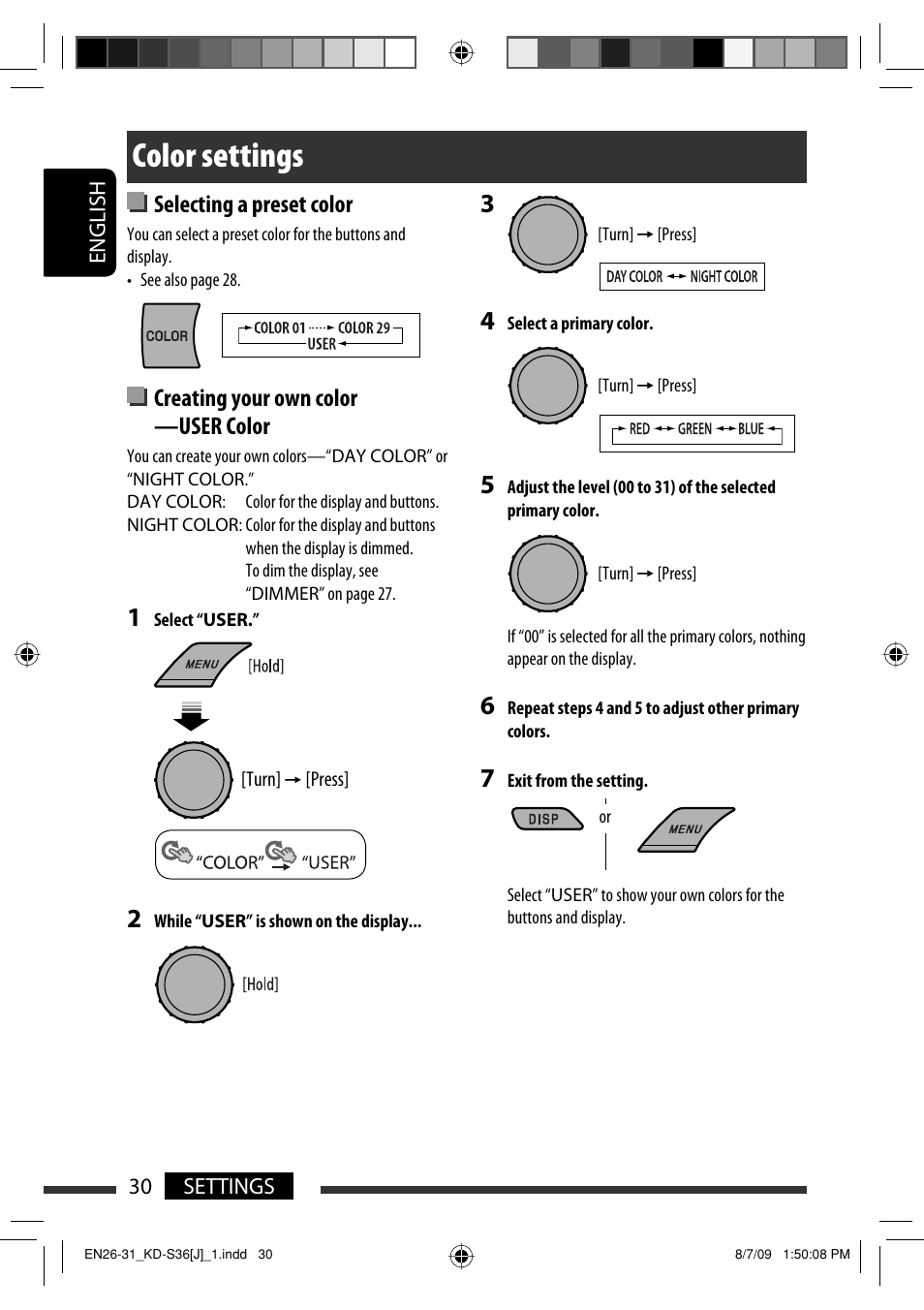Color settings, Selecting a preset color, Creating your own color —user color | JVC GET0643-001A User Manual | Page 30 / 85
