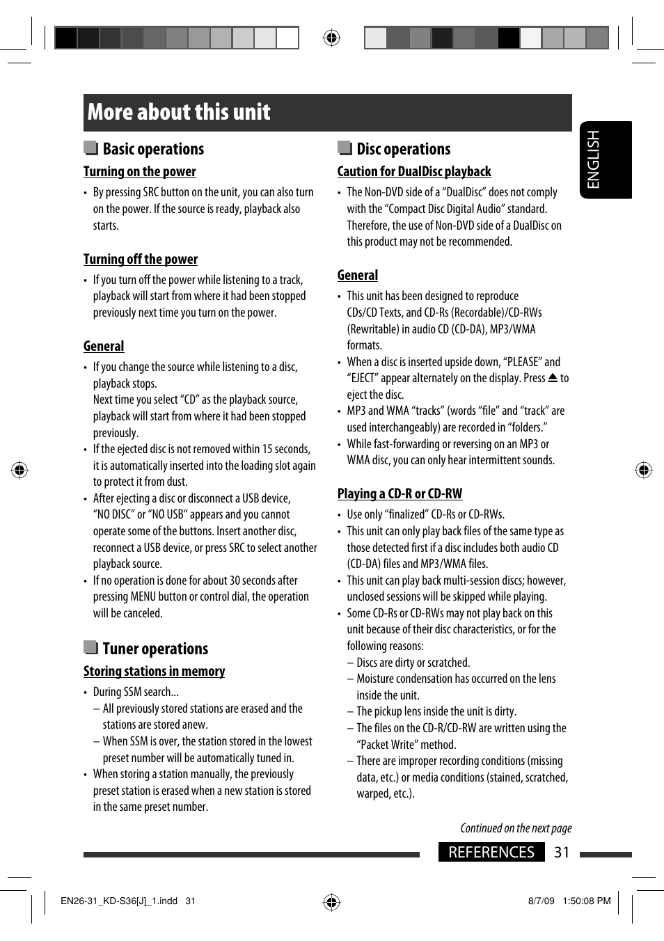 More about this unit, Basic operations, Tuner operations | Disc operations, English 31 references | JVC GET0643-001A User Manual | Page 31 / 85