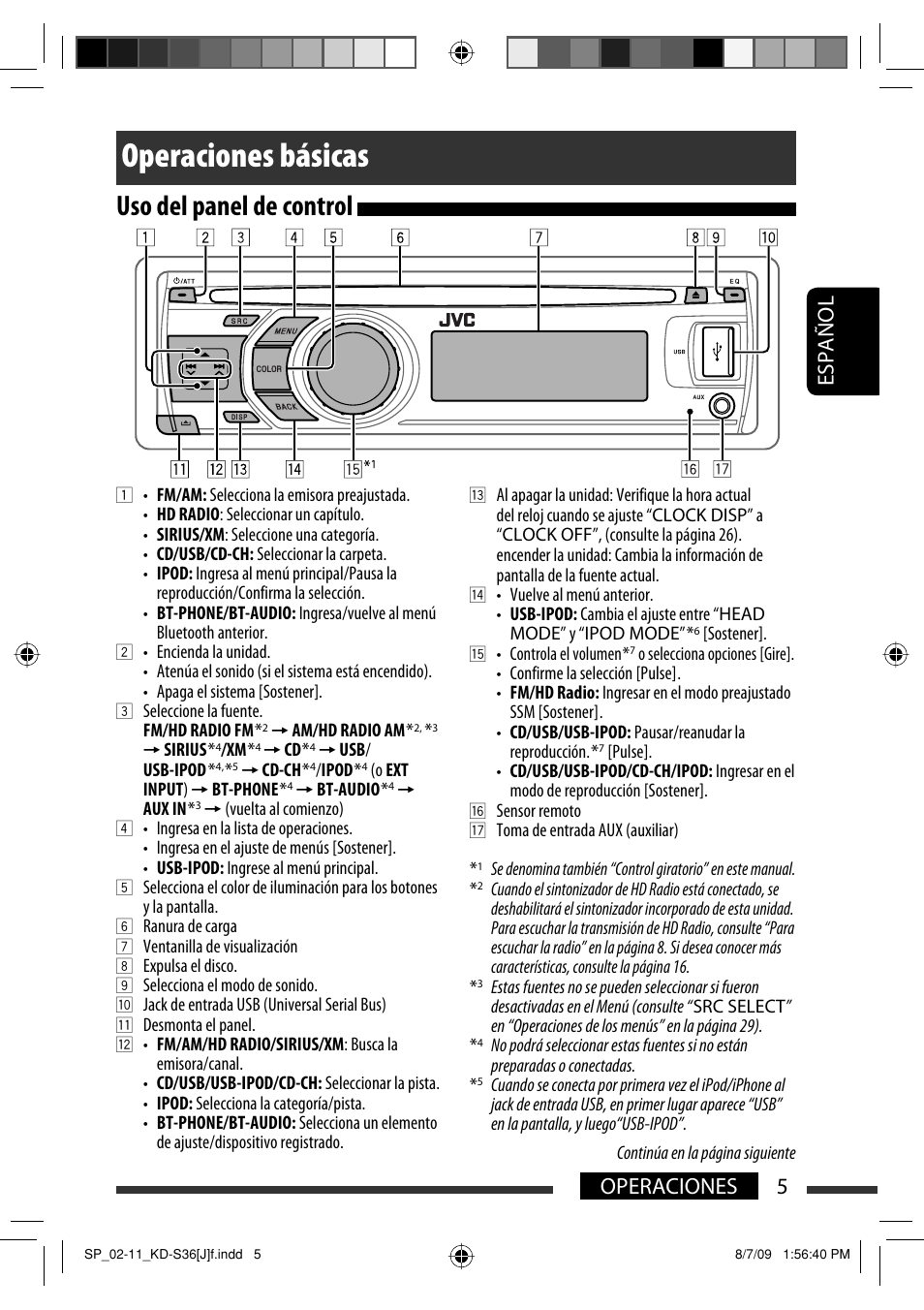 Operaciones básicas, Uso del panel de control, Español 5 operaciones | JVC GET0643-001A User Manual | Page 47 / 85