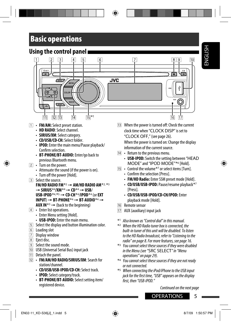 Basic operations, Using the control panel, English 5 operations | JVC GET0643-001A User Manual | Page 5 / 85