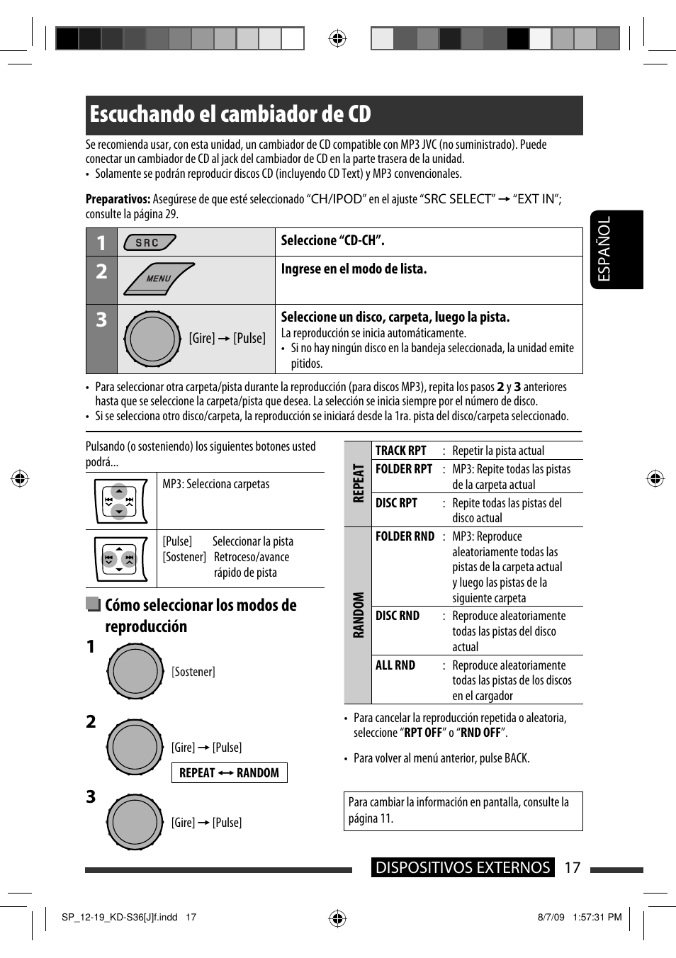 Escuchando el cambiador de cd, Cómo seleccionar los modos de reproducción | JVC GET0643-001A User Manual | Page 59 / 85