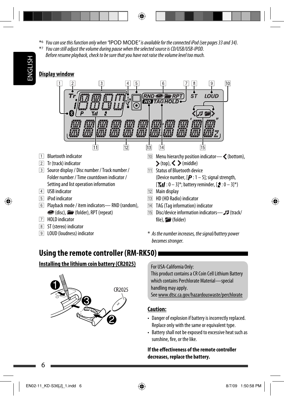 Using the remote controller (rm-rk50), English 6 | JVC GET0643-001A User Manual | Page 6 / 85