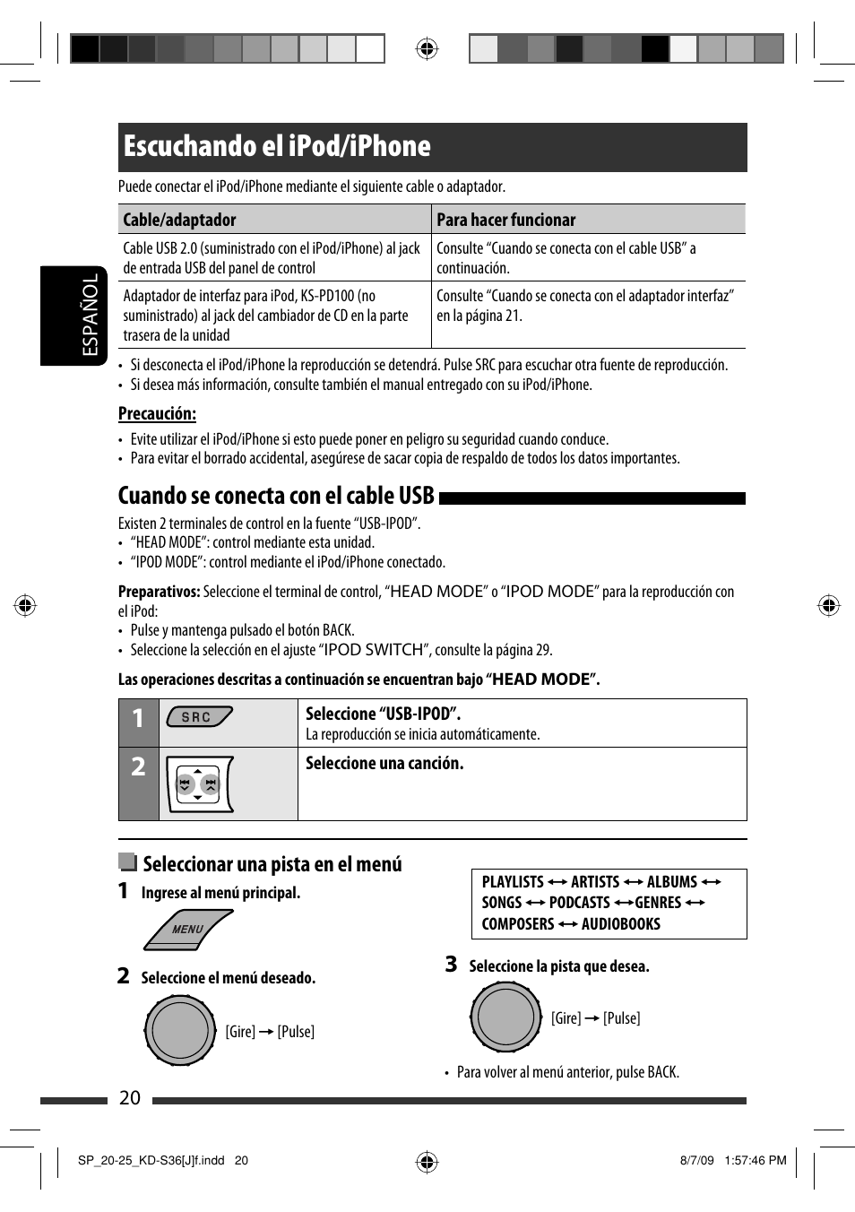 Escuchando el ipod/iphone, Cuando se conecta con el cable usb, Seleccionar una pista en el menú | JVC GET0643-001A User Manual | Page 62 / 85