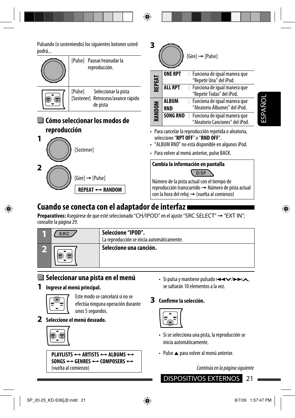 Cuando se conecta con el adaptador de interfaz, Cómo seleccionar los modos de reproducción, Seleccionar una pista en el menú | JVC GET0643-001A User Manual | Page 63 / 85