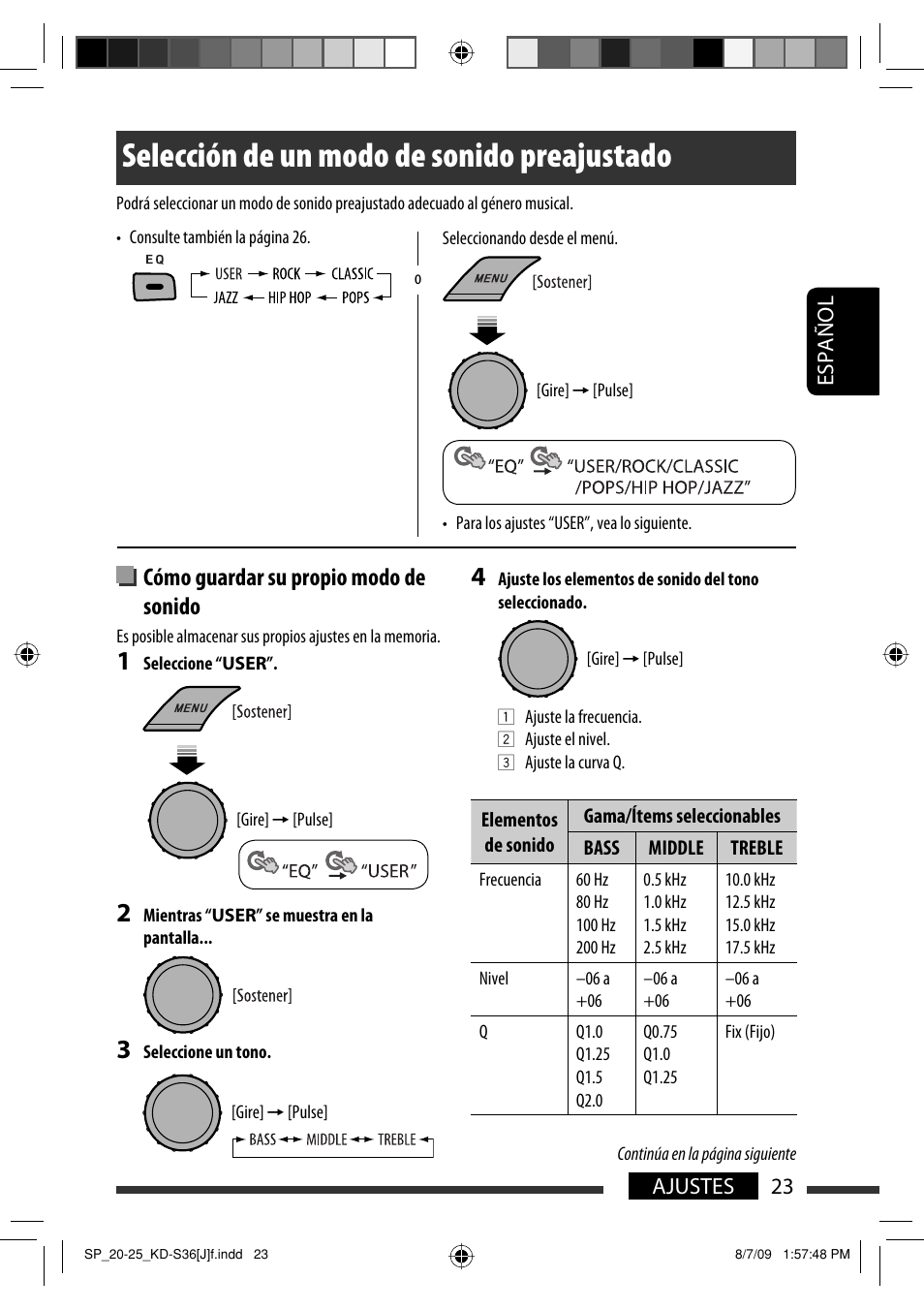 Selección de un modo de sonido preajustado, Cómo guardar su propio modo de sonido, Español 23 ajustes | JVC GET0643-001A User Manual | Page 65 / 85