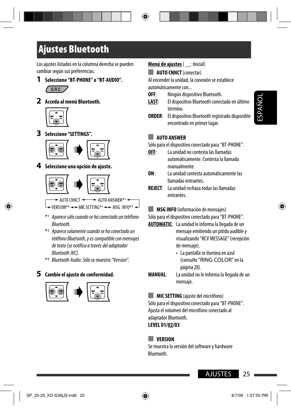 Ajustes bluetooth, Español 25 ajustes | JVC GET0643-001A User Manual | Page 67 / 85