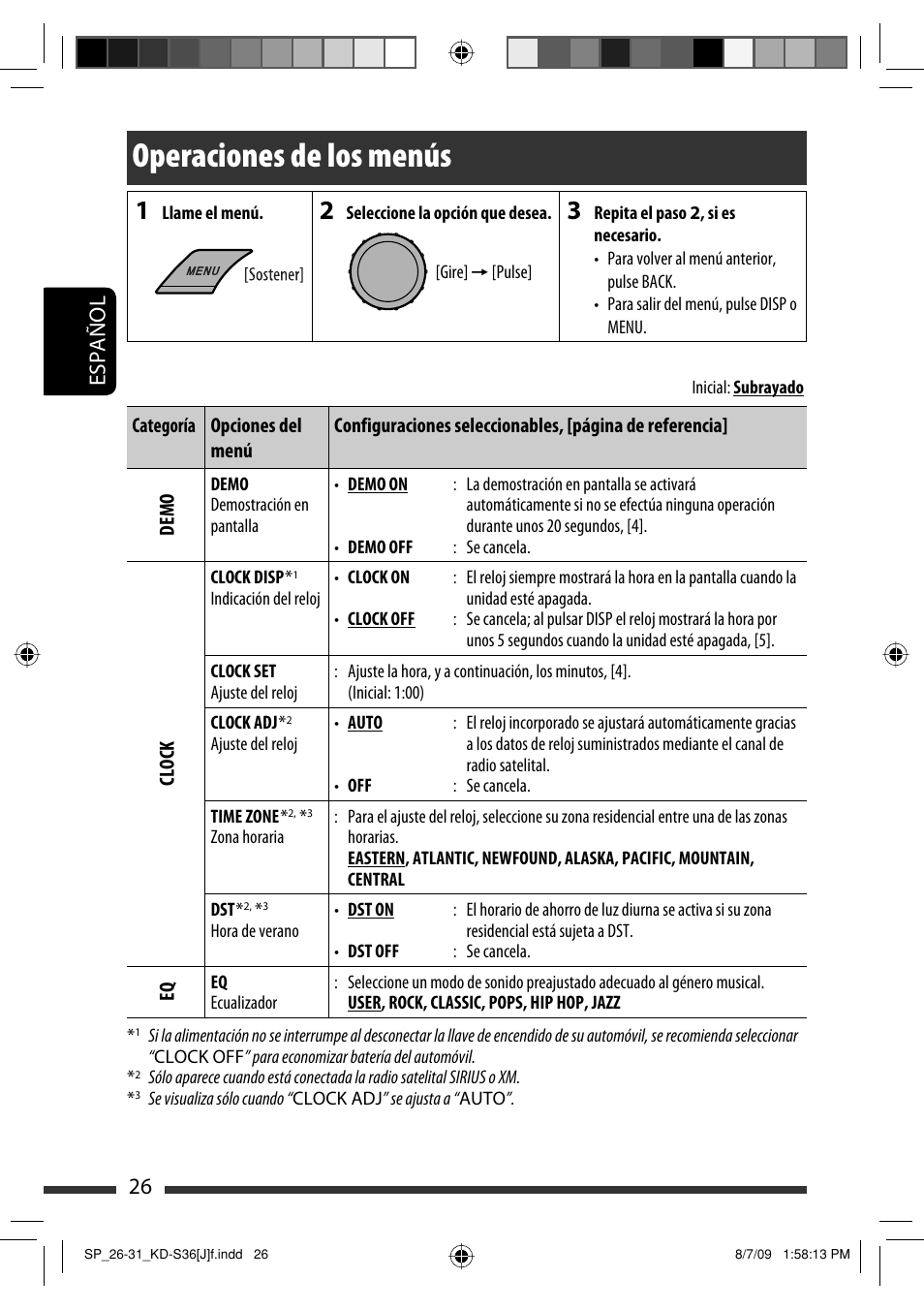 Operaciones de los menús, Español 26 | JVC GET0643-001A User Manual | Page 68 / 85