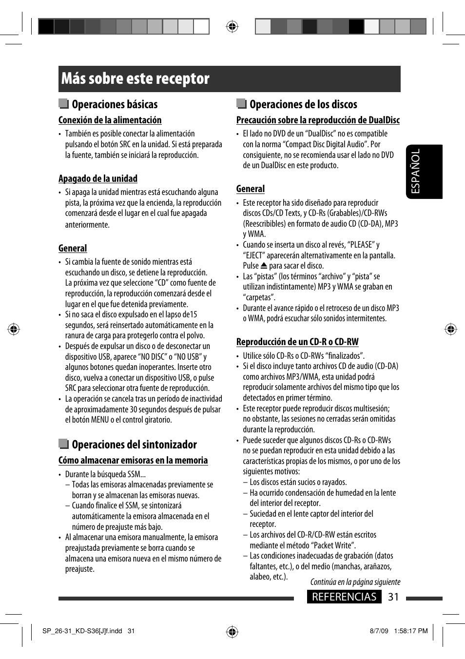 Más sobre este receptor, Operaciones básicas, Operaciones del sintonizador | Operaciones de los discos, Español 31 referencias | JVC GET0643-001A User Manual | Page 73 / 85