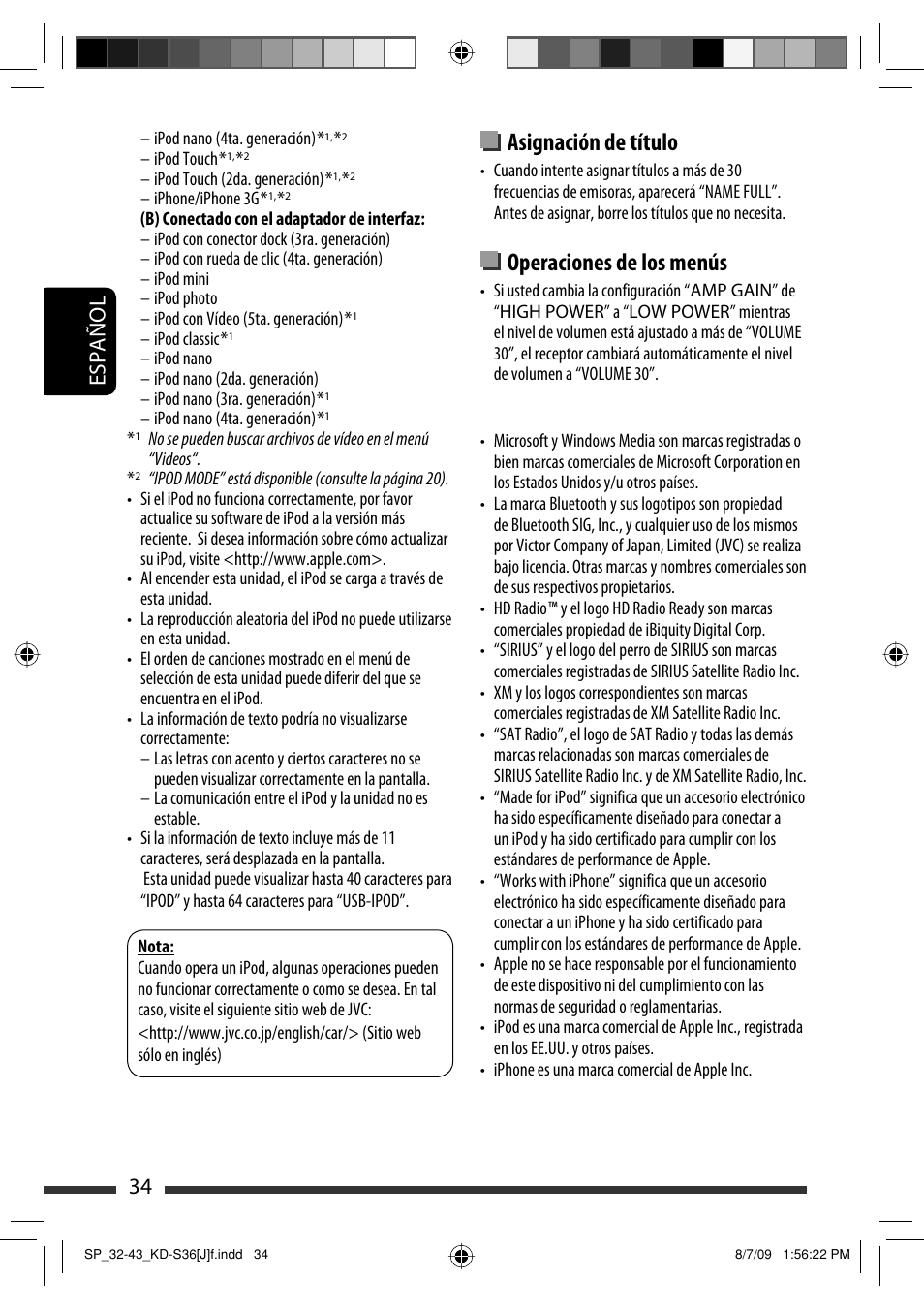 Asignación de título, Operaciones de los menús, Español 34 | JVC GET0643-001A User Manual | Page 76 / 85