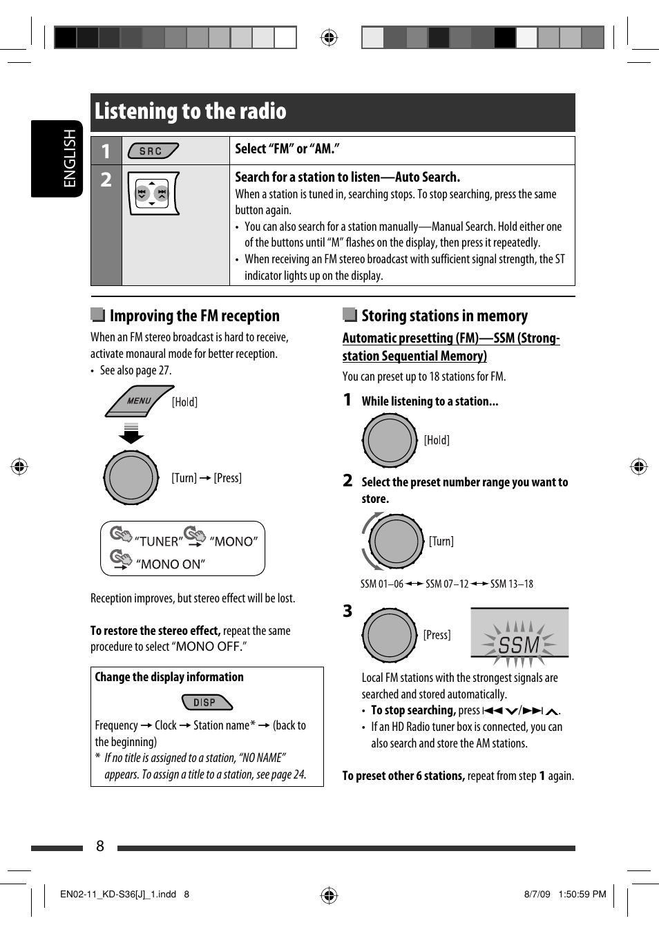 Listening to the radio, Improving the fm reception | JVC GET0643-001A User Manual | Page 8 / 85