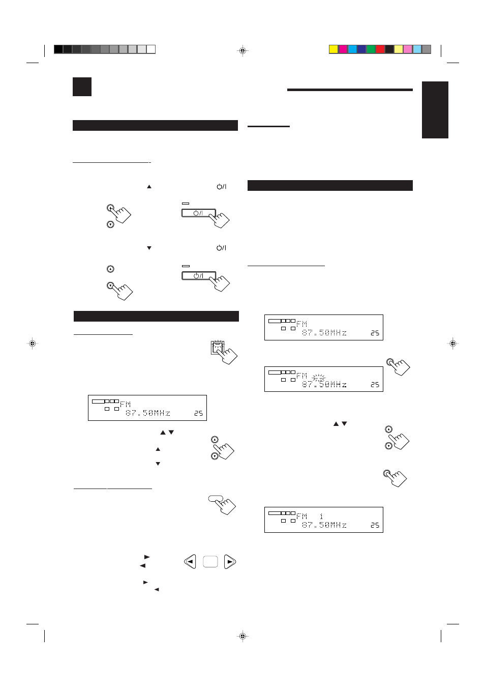 Receiving radio broadcasts, English, Using preset tuning | Setting the am tuner interval spacing, Tuning in stations manually, Press fm/am to select the band (fm or am) | JVC RX-8012VSL User Manual | Page 25 / 62