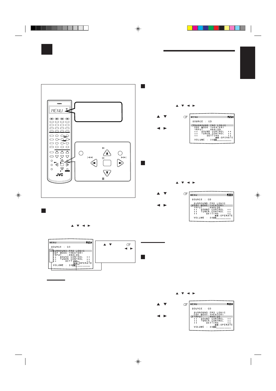 Using the on-screen menus, English, Press menu | Activating the surround modes (also see page 27), Activating the dsp modes (also see pages 28 – 34), Showing the menu on the tv screen | JVC RX-8012VSL User Manual | Page 39 / 62