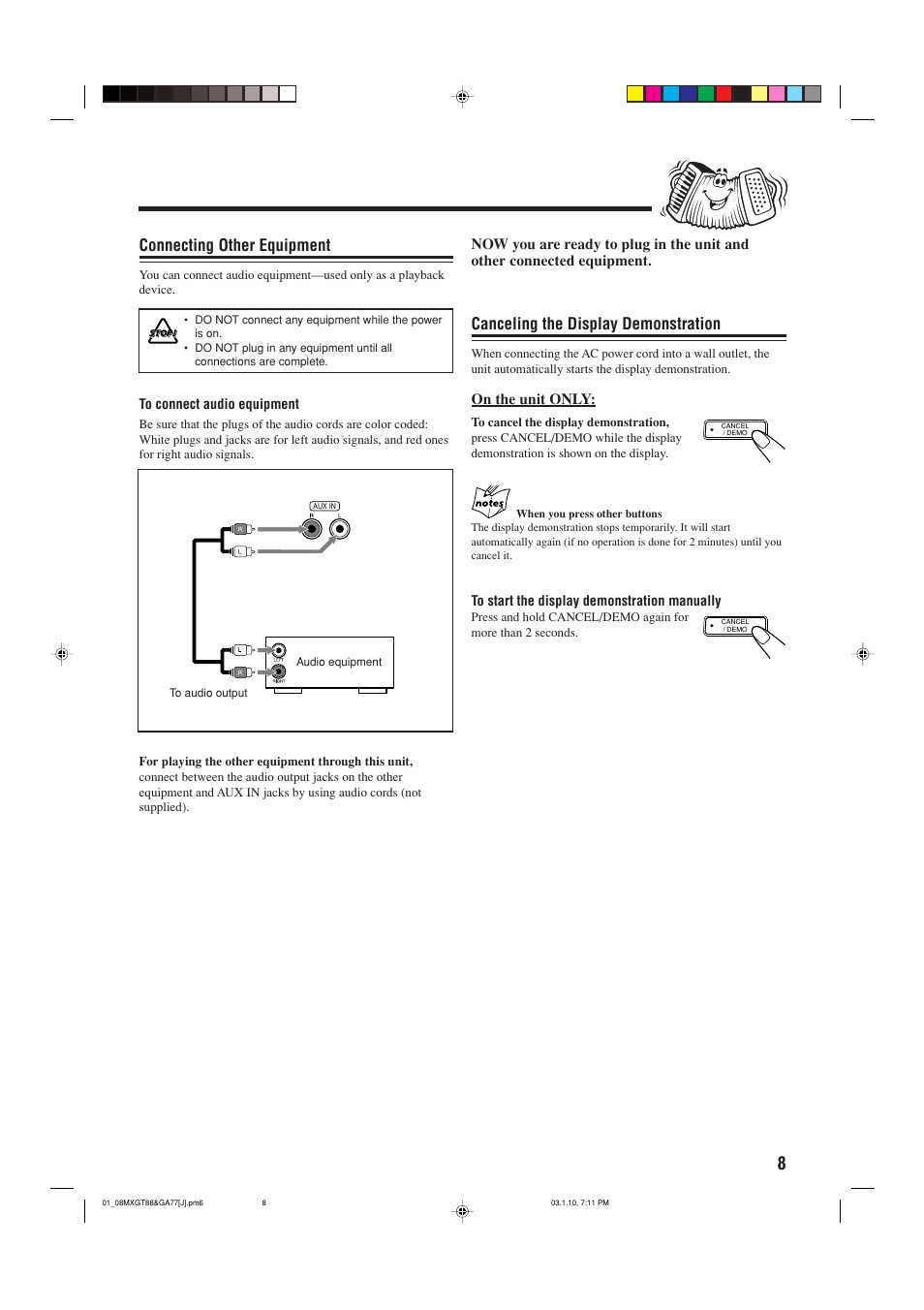 Demo mode, Connecting other equipment, Canceling the display demonstration | On the unit only | JVC MX-GA77 User Manual | Page 11 / 44