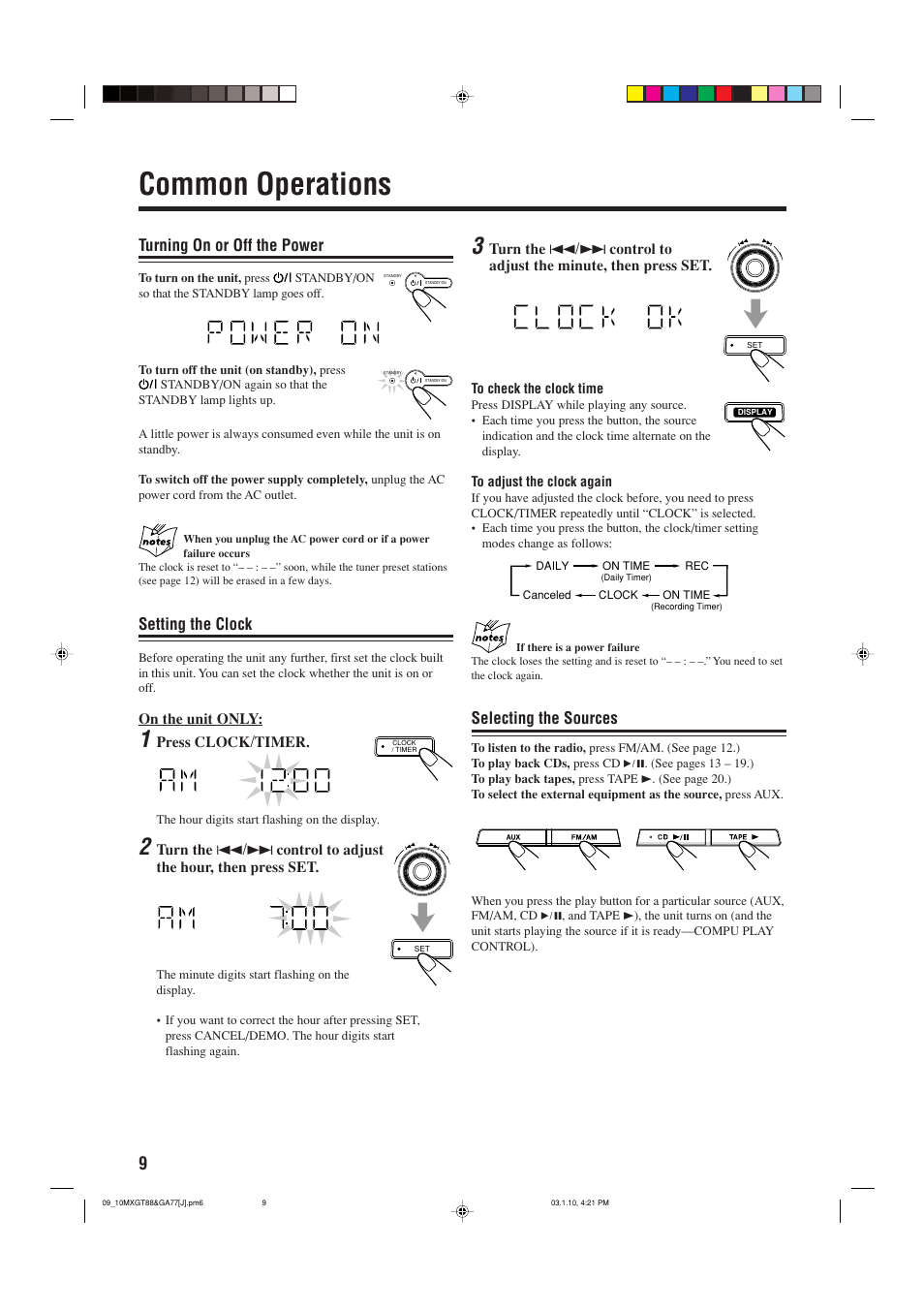 Basic operation, Power on / off, Clock set | Selecting the source, Common operations, Turning on or off the power, Setting the clock, Selecting the sources | JVC MX-GA77 User Manual | Page 12 / 44