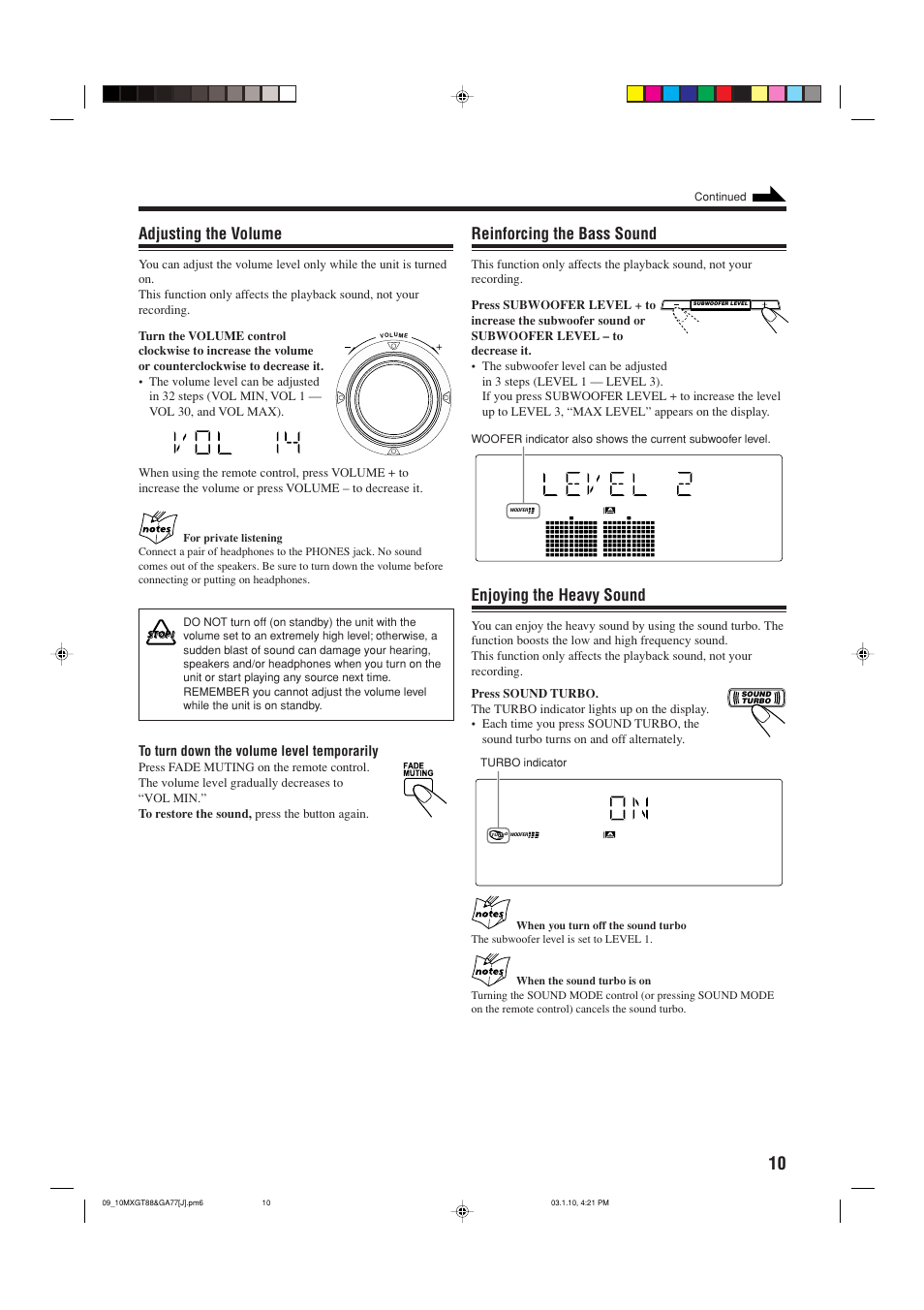 Adjusting volume, Reinforcing the bass, Sound turbo | Reinforcing the bass sound, Enjoying the heavy sound, Adjusting the volume | JVC MX-GA77 User Manual | Page 13 / 44