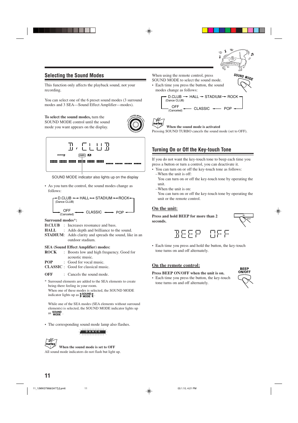 Sound modes, Turning the "beep" on / off, Selecting the sound modes | Turning on or off the key-touch tone, On the unit, On the remote control | JVC MX-GA77 User Manual | Page 14 / 44