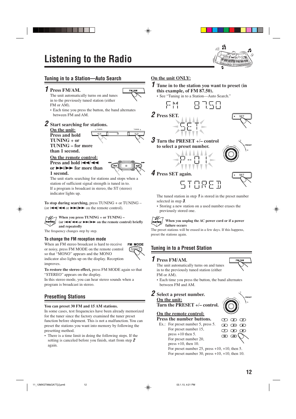 Tuner mode, Auto search, Presetting stations | Tuning into a preset station, Listening to the radio | JVC MX-GA77 User Manual | Page 15 / 44